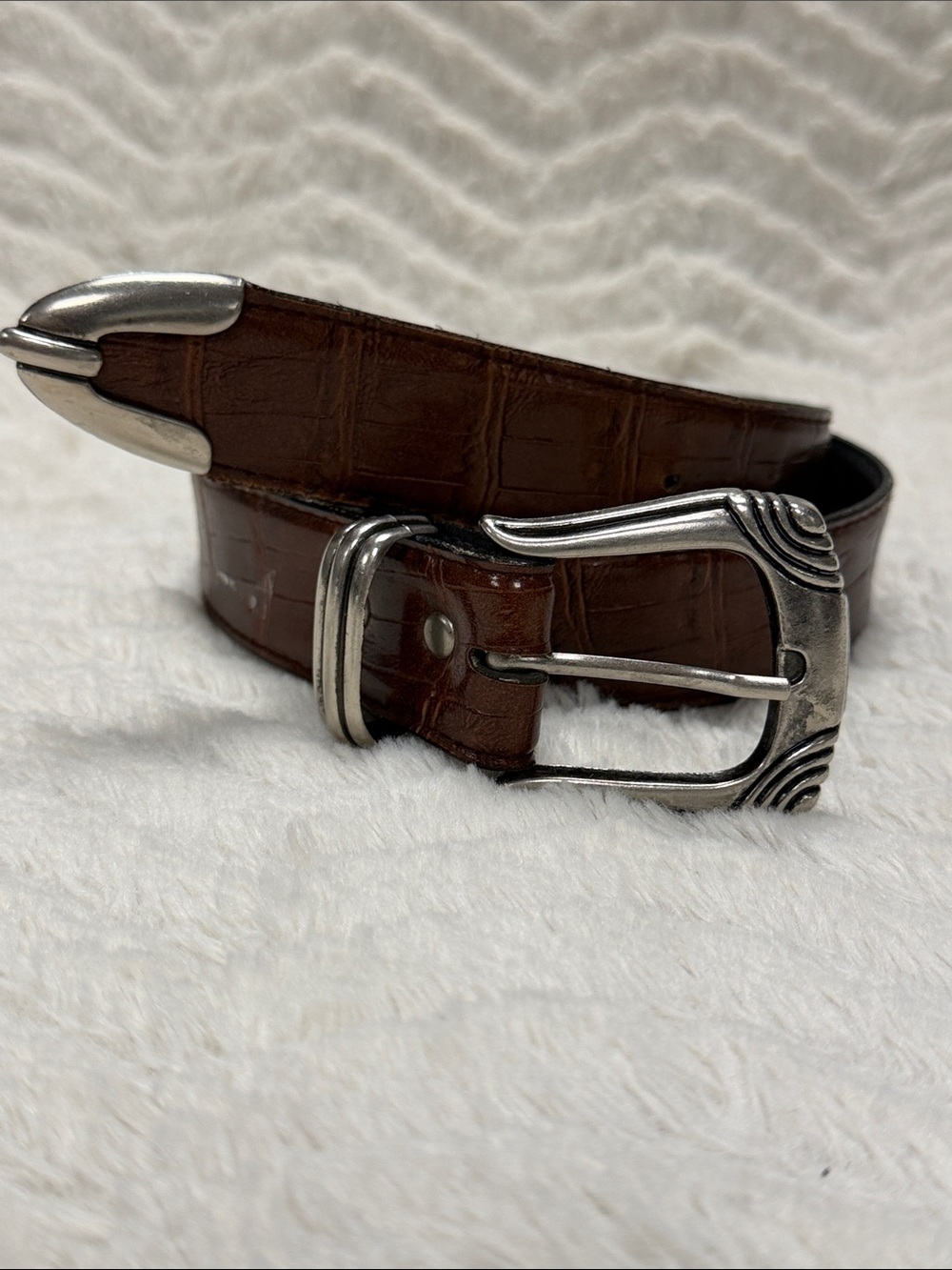 Vegan Brown Cowgirl western style belt with silver engraved buckle and tip, 28